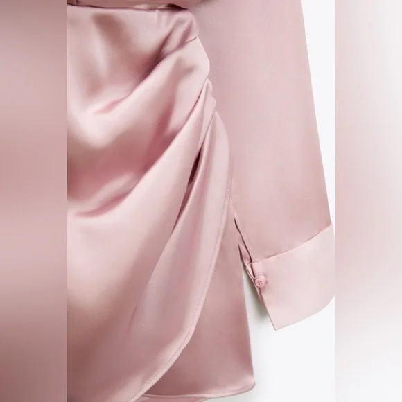 Zara mini dress satin effect drapped long sleeve pink party wedding coctail - Picture 9 of 10